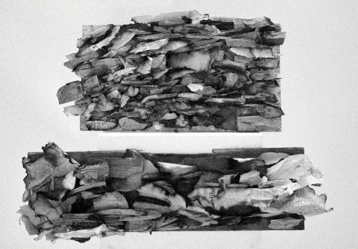 Papiers et bois brûlés 1989, burnt paper and wood, 0,40x0,50m, 0,30x 0,60m. 